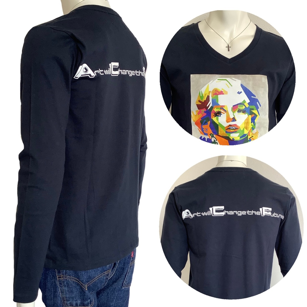 Vivid woman ( 鮮やかな女性 ) VネックロングTシャツ ネイビー