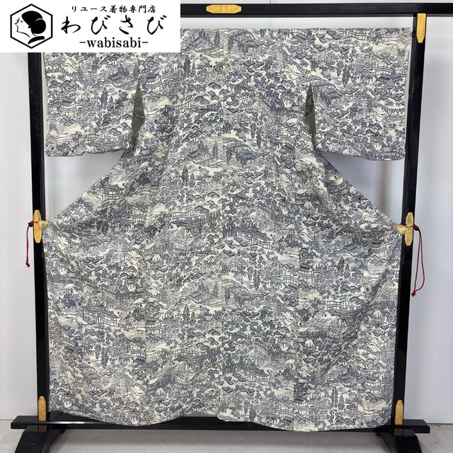 夏着物 小紋 縦絽 型染 風景模様 乳白色 K-6078 着物 きもの kimono 