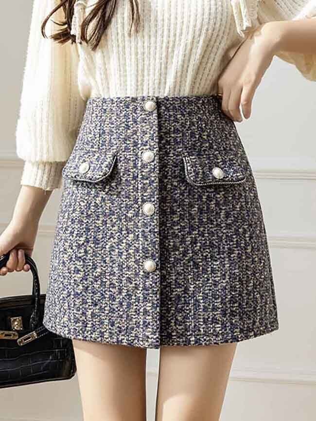 パールボタンツイードミニスカート デート お出かけ かわいい おしゃれ クラシカル ミニ丈 大きいサイズ 韓国 Ch7049 Chulachula チュラチュラ 可愛い大きいサイズ韓国レディースファッション通販