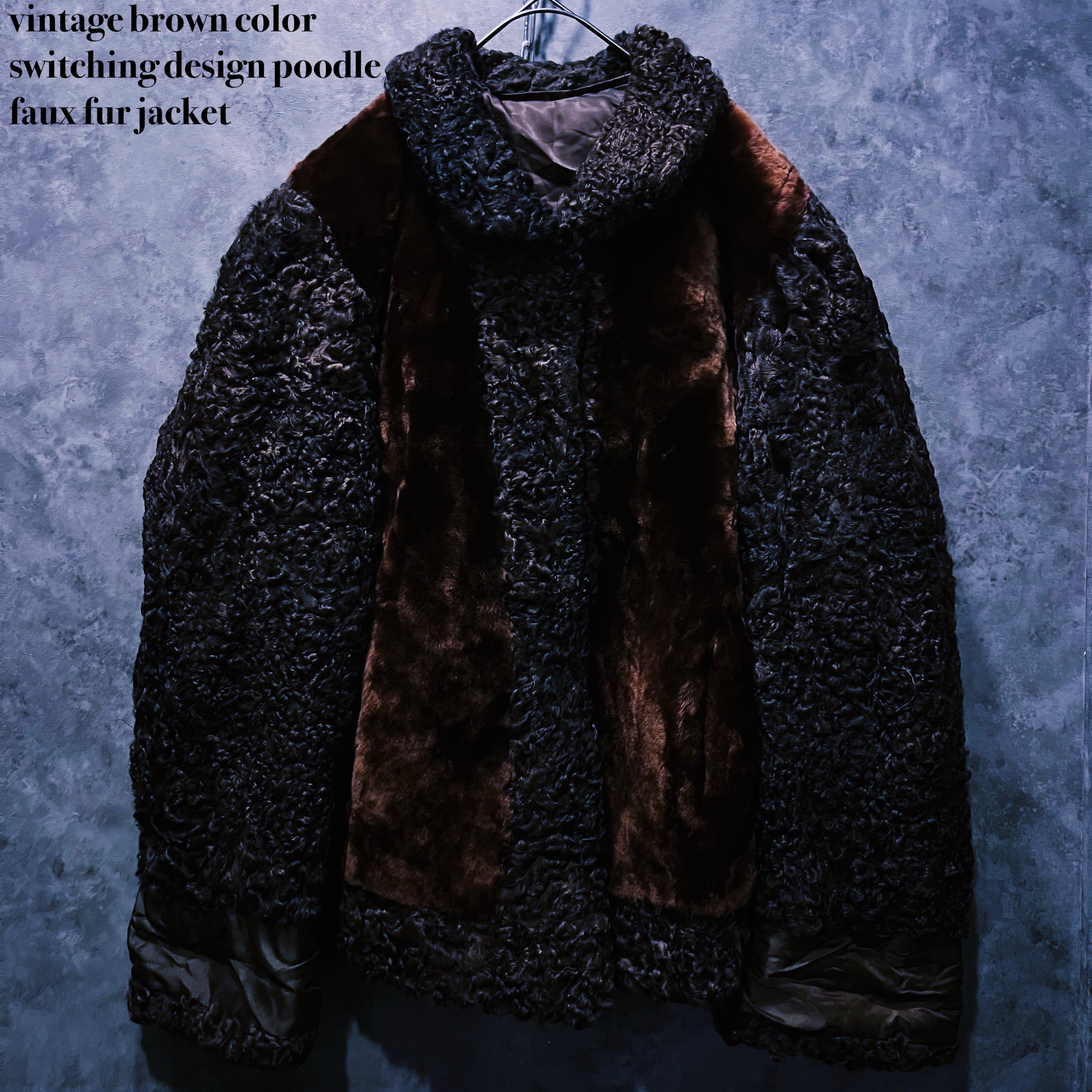 【doppio】vintage brown color switching design poodle faux fur jacket