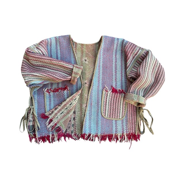 saruche Vintage パキスタングドゥリー 刺子のサイドリボンリバーシブルフリンジジャケット