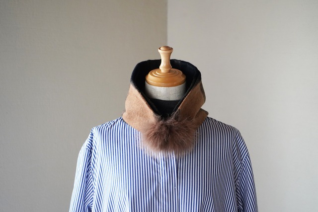 尾州織り100%カシミヤ ファーティペット　モカ茶/ブラック