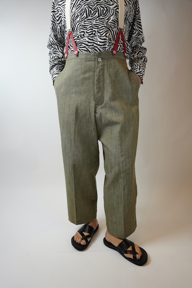 HS-Equipment / Green Denim High Back Suspender Wide Pants