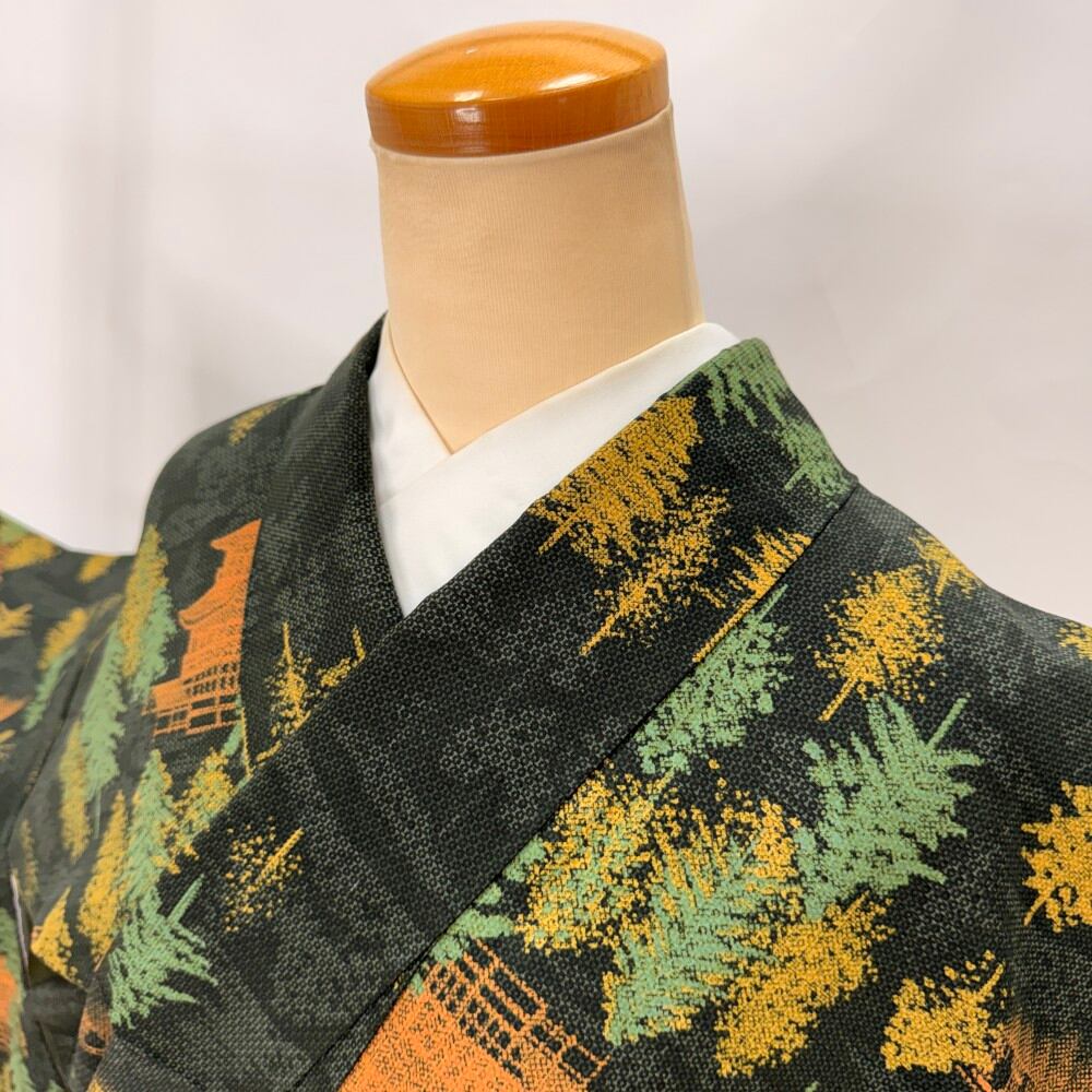小紋 洗える着物 裄69.3cm 身丈165cm 花柄 袷 普段着 ポリエステル 中古 緑 L サイズ 6612