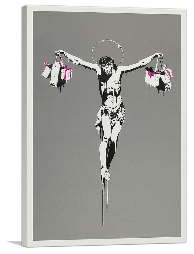 バンクシー「ショッピングバッグを持つキリスト/Jesus Christ With Shopping Bags(S)」展示用フック付きキャンバスジークレ