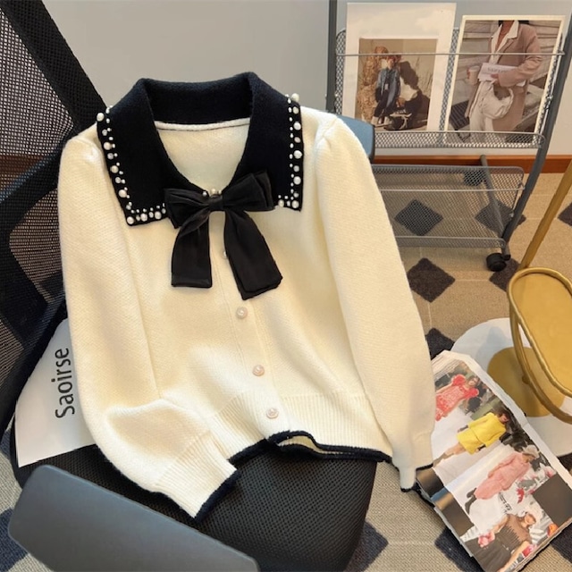 【YOYOシリーズ】トップス セーター 2色展開 パール飾り POLOネック ベージュ ブラック S M L XL