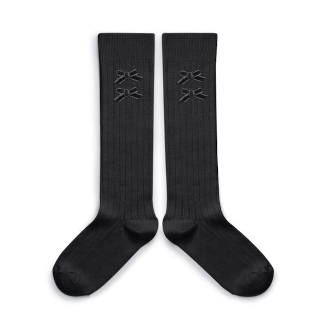 Collegien / Hortense Ribbed Knee-high Socks Velvet Bows - Pierre de Volvic