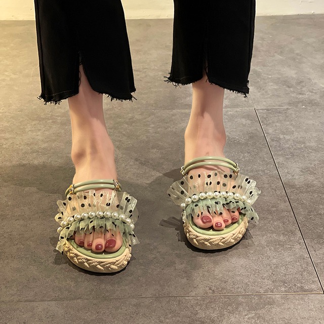 ミュールサマースタイルパールメッシュサンダル 靴 シューズ 夏物 真珠 部族の婦人靴77414476518