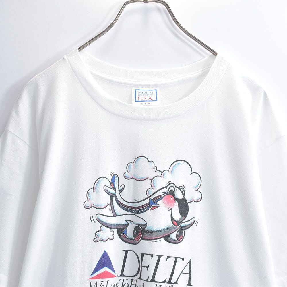 80s USA製 DELTA デルタ航空 企業Tシャツ キャラクター プリント 飛行機 ロゴ 航空会社 アドバタイジング シングルステッチ ホワイト ヴィンテージ 白 ビンテージ アメリカ古着 メンズL相当
