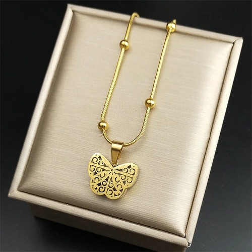 チャーム ネックレス  蝶 バタフライ 花 フラワー クリスタル ステンレス ビンテージ インセクト ゴールド 昆虫 レディース