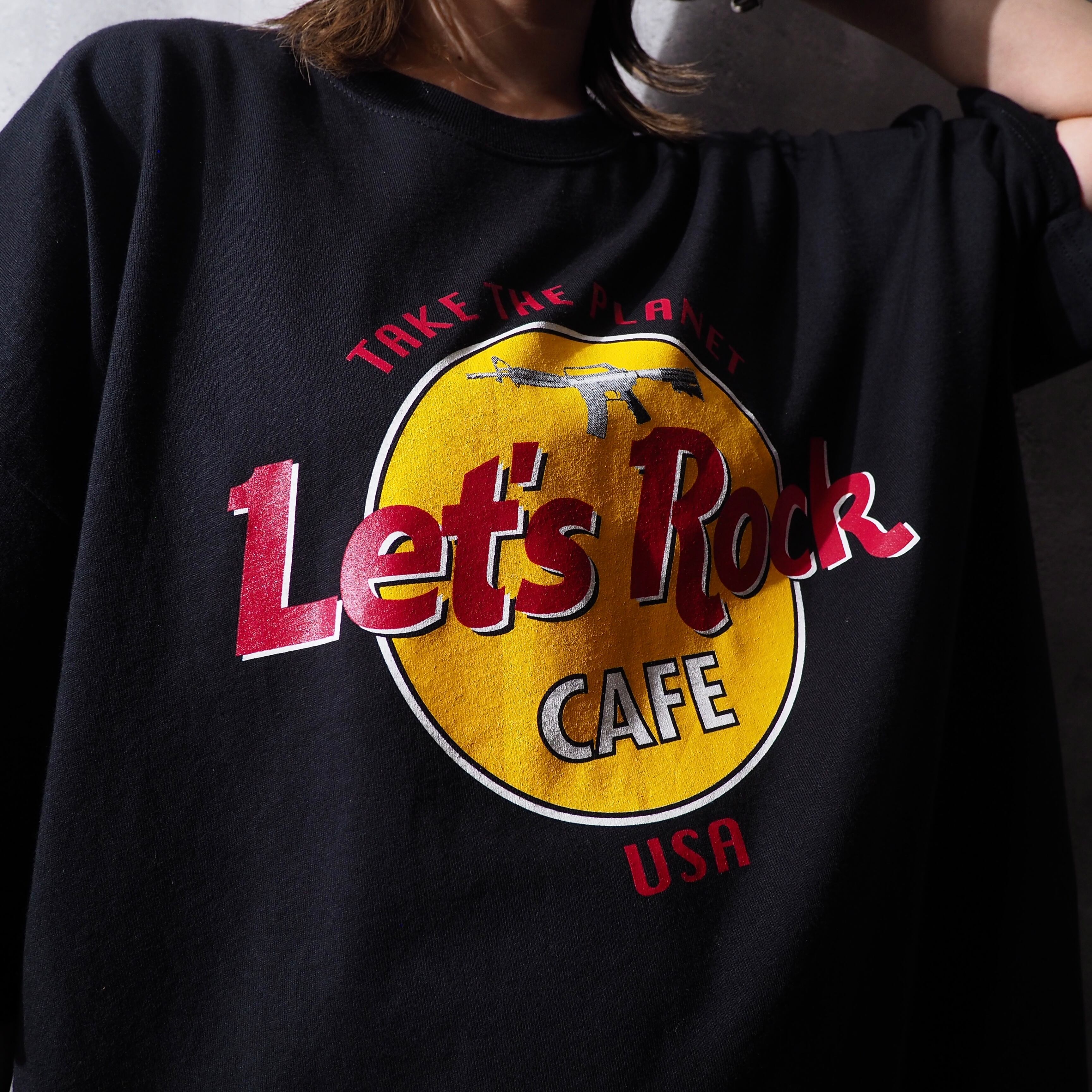” Let's Rock CAFE ” SMG printed Black Over silhouette Tee