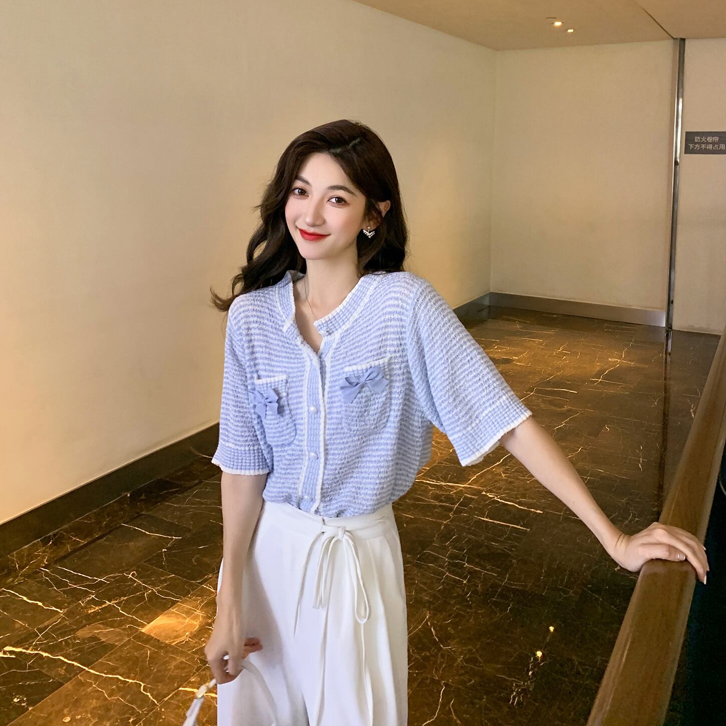 ブルー薄手Vネックカーディガンサマースタイルシャツ トップス 夏物 6Du_Shop_Women7070668044