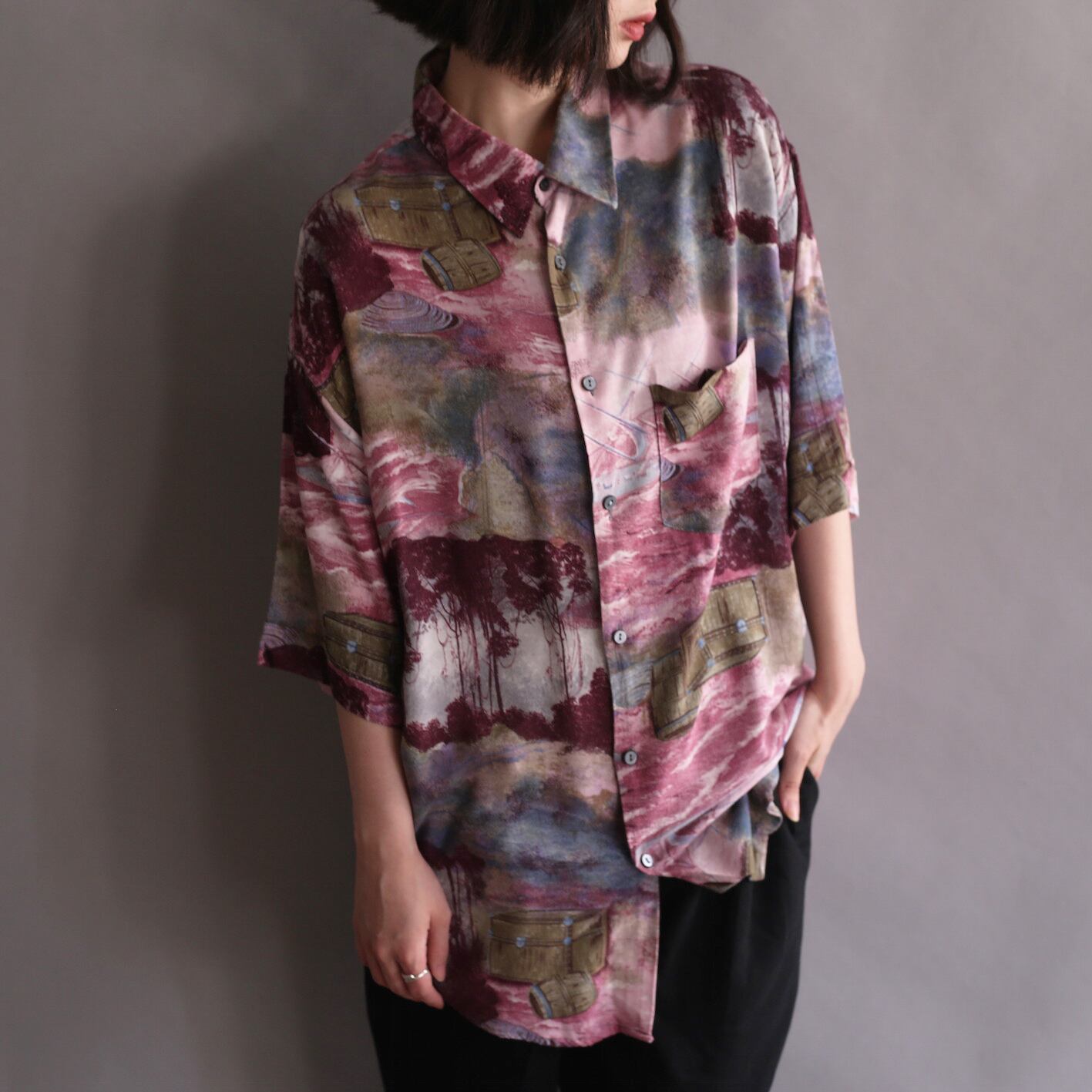 mysterious coloring art pattern h/s rayon shirt