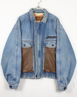 【Caka act2】Leather Switching Vintage Loose Denim Jacket