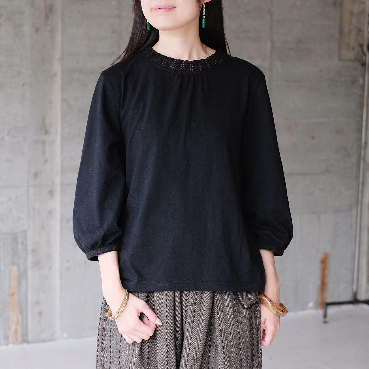 【待望の七分袖】人気シリーズ新作!かぎ針編み七分袖カットソー(25w-02)ブラック