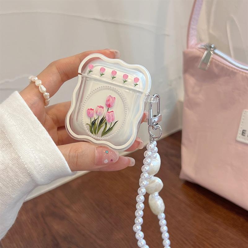 【Airpodsケース】韓国っぽチューリップ◎AirPodsカバー クリアケース イヤホン 落下防止 ストラップ カラビナ AirPodsケース ND-15063