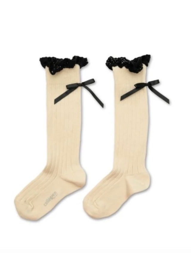 collegien Domitille Ribbed Knee-high Socks with Lace and Bow - Doux Agneaux