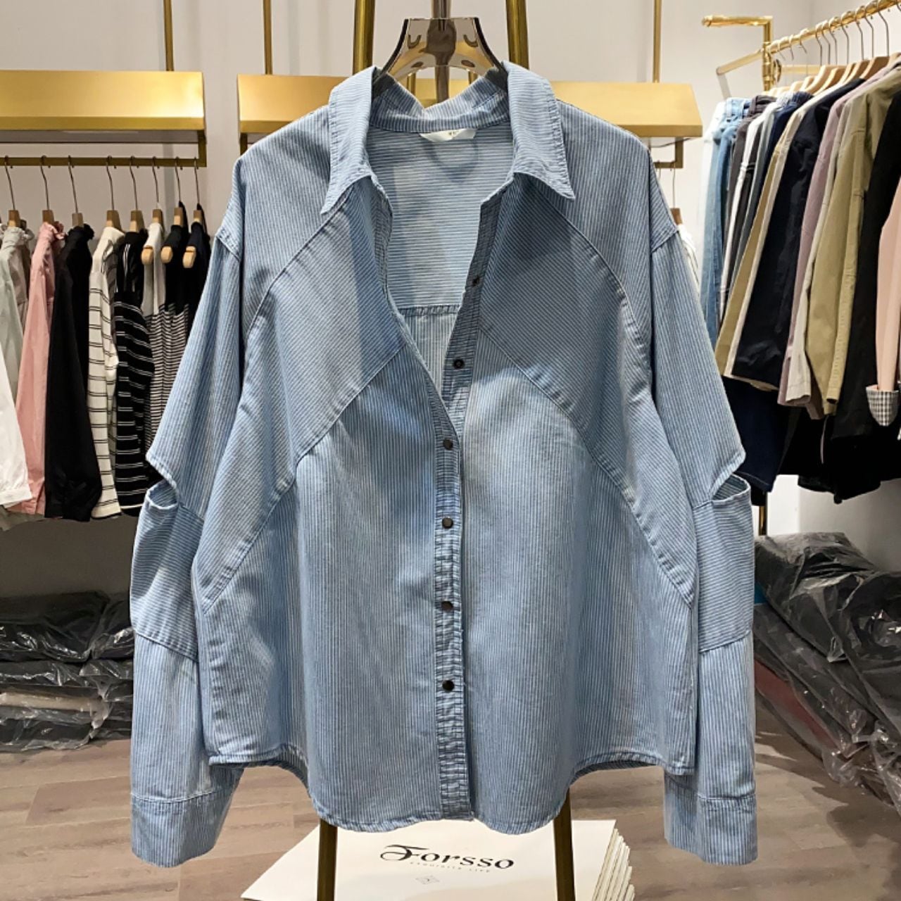 ストライプ切替デザイン デニムシャツ Ln00403