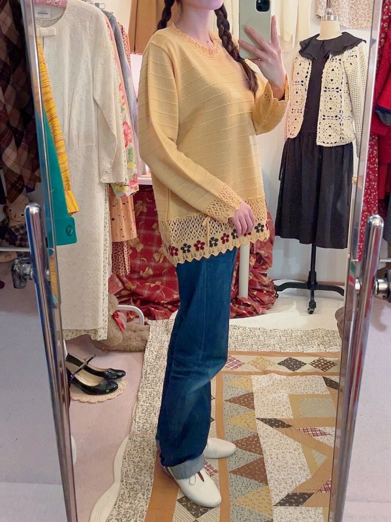 orange flower ribbon openwork knit sweater