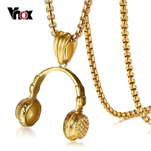 【送料無料】 メンズ ネックレス ジュエリーセット ヘッドセット ゴールド ステンレス ミュージック ヘッドフォン ペンダント チェーン 61cm 40001360