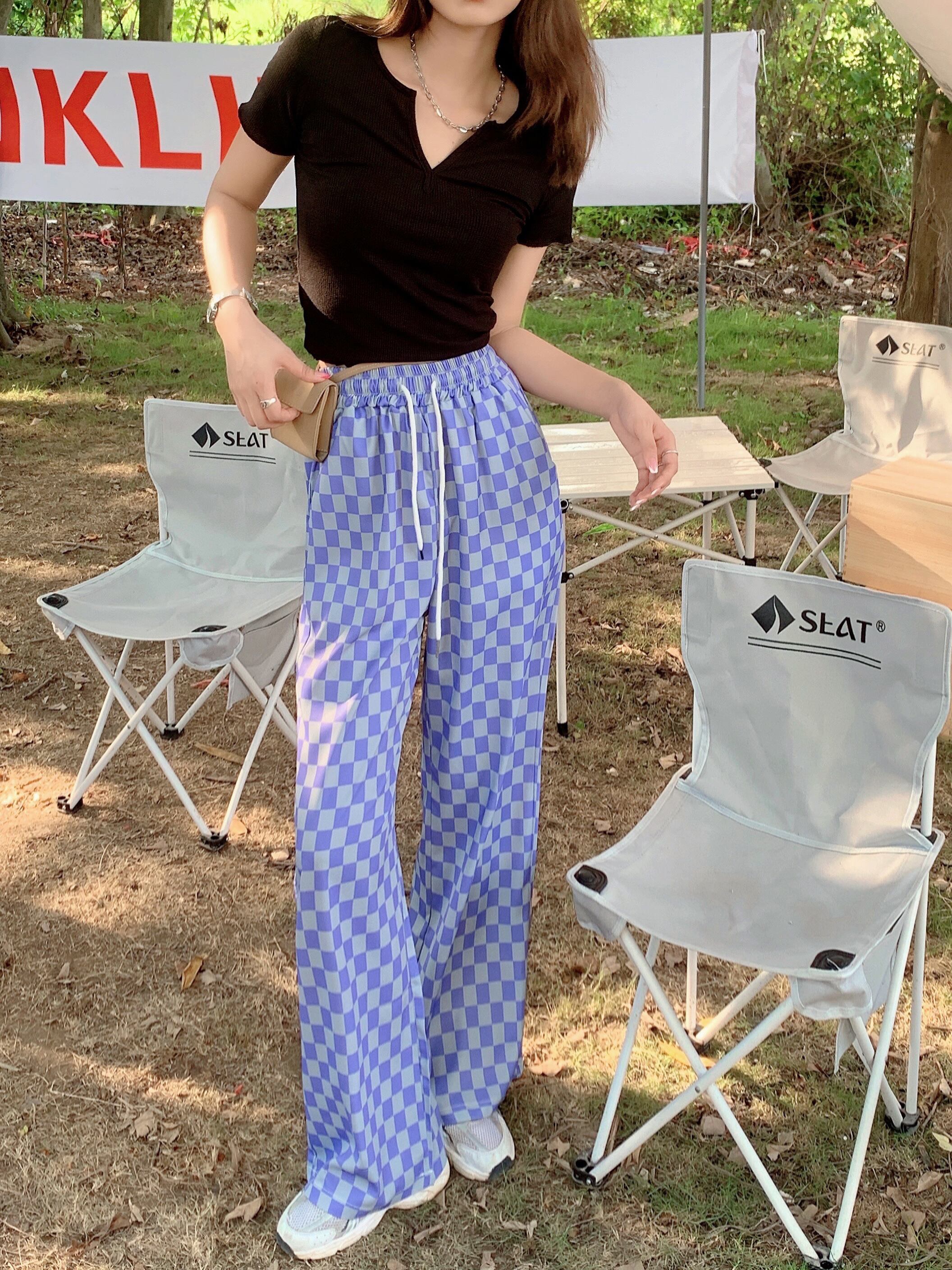 格子柄パンツ ハイウェストウェストスリムサマー薄手ルーズ 夏物 パープル ブラックストロベリース65625283434