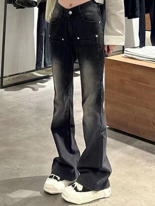 デニムパンツ ストレートジーンズ レディース 春秋 ゆったり スリム 黒 レトロ ワイドパンツ
