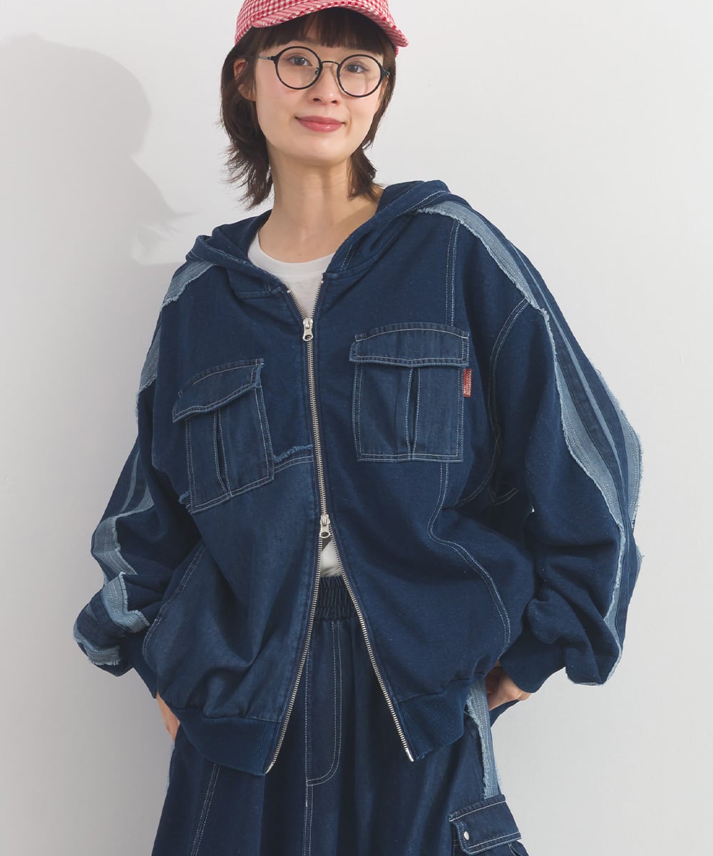 K261012 デニム切り替えZIPパーカー / Denim-Look Panel Zip Hoodie