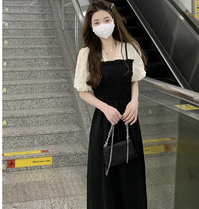 バイカラーワンピース ワンピ モノトーン Vネック シンプル 大人可愛い フェミニン 韓国ファッション Luluca 韓国 トレンドファッションluluca ルルカ