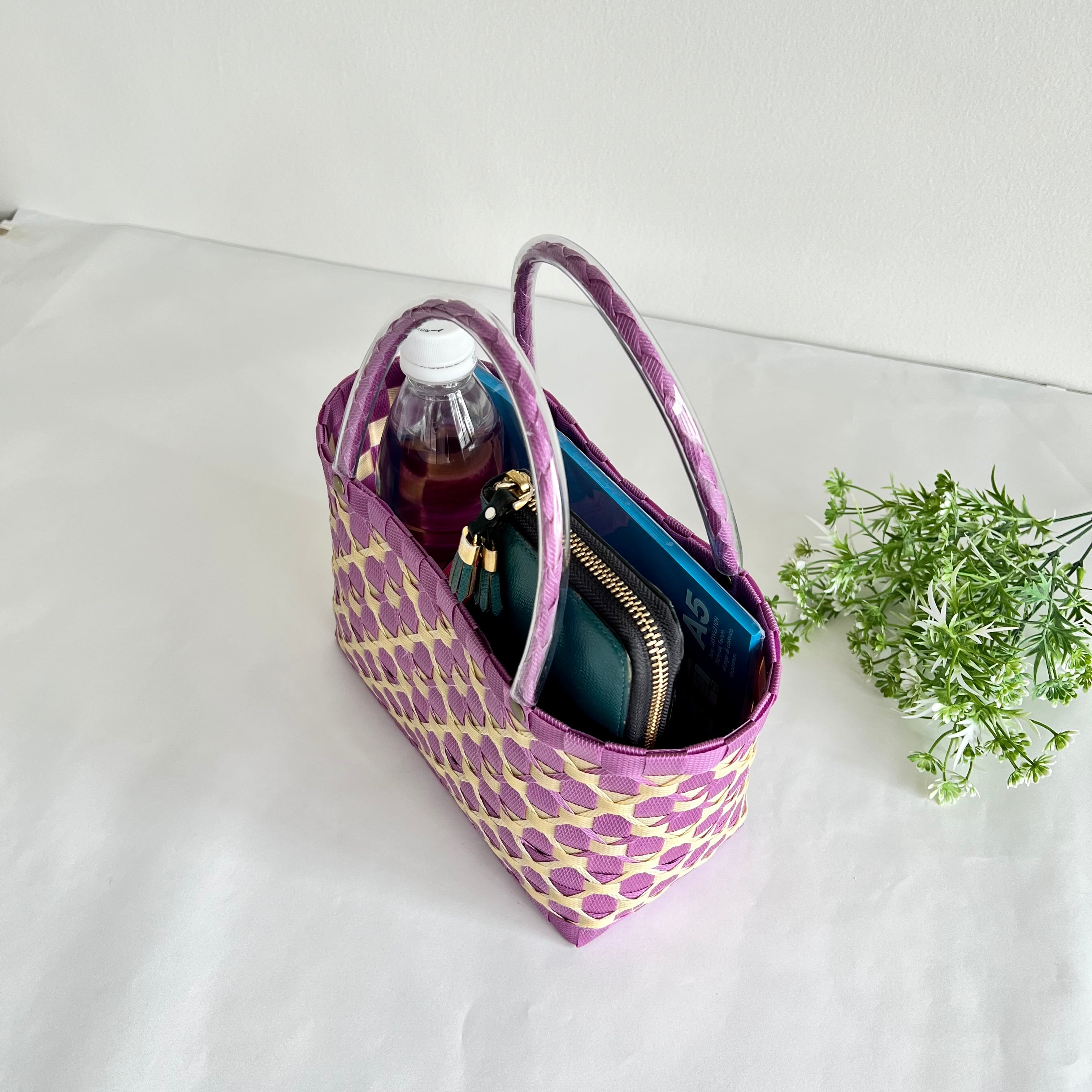 【受注製作】プラカゴバッグ　miniサイズ/A5　mini-012　紫*ベージュ　2way　カゴバッグ　お散歩バッグ お弁当バッグ