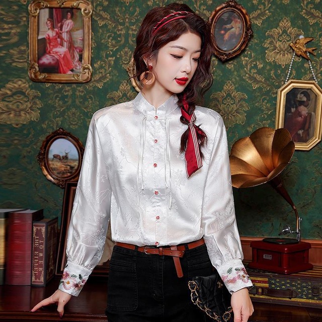 チャイナ風ブラウス 刺繍 長袖 チャイナ風服 チャイナボタン 中華服 