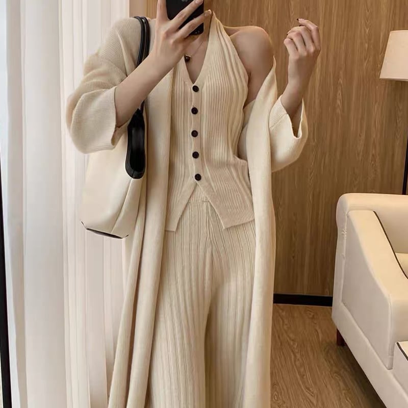 【set】ニットジレ×カーディガン×ワイドパンツ3点セット Q6527