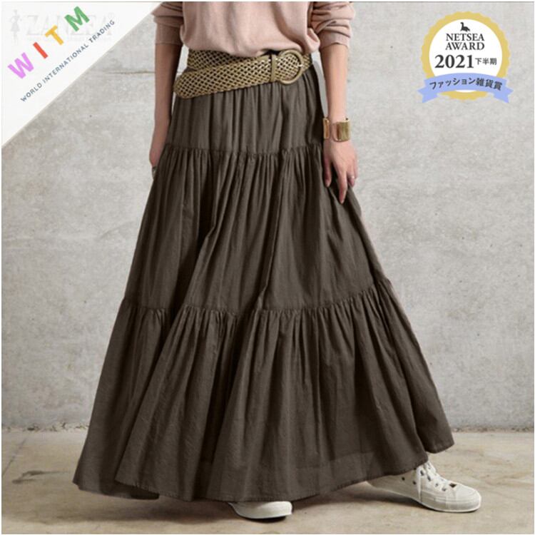 2022春夏新作 シアースカート フレアスカート ロングスカート ウェストゴム レディース 体型カバー