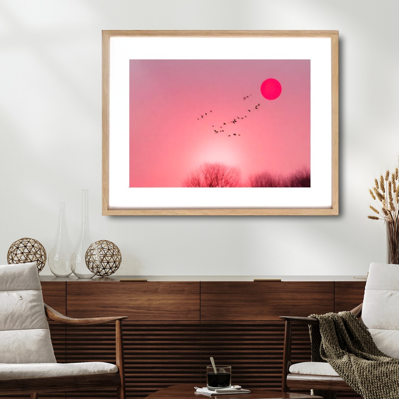 Graceful｜夕日と飛翔する鳥のコラージュアートポスター｜柔らかなピンク空が癒しを届けるモダンデザイン｜額縁セット｜A3ポスター