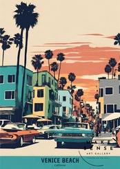 Venice Beach｜西海岸ベニスビーチを描くレトロアートポスター｜夏インテリアに合うヴィンテージデザイン｜A3ポスター