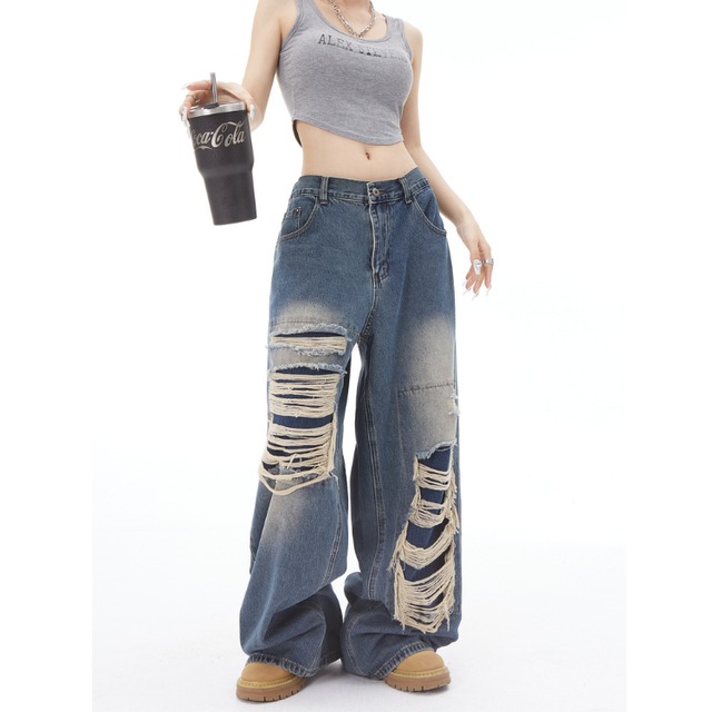 ダメージ加工 ワイド フルレングス デニムパンツ ◆2col L00035