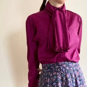 1970s Fuchsia Pink Stand Collar Bow Tie Blouse / made in USA