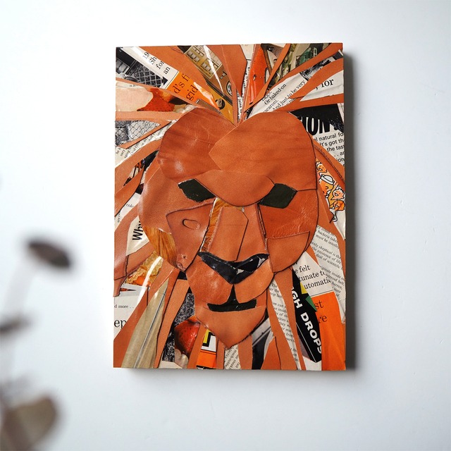 Leather collage art (lion) A4 size wooden panel