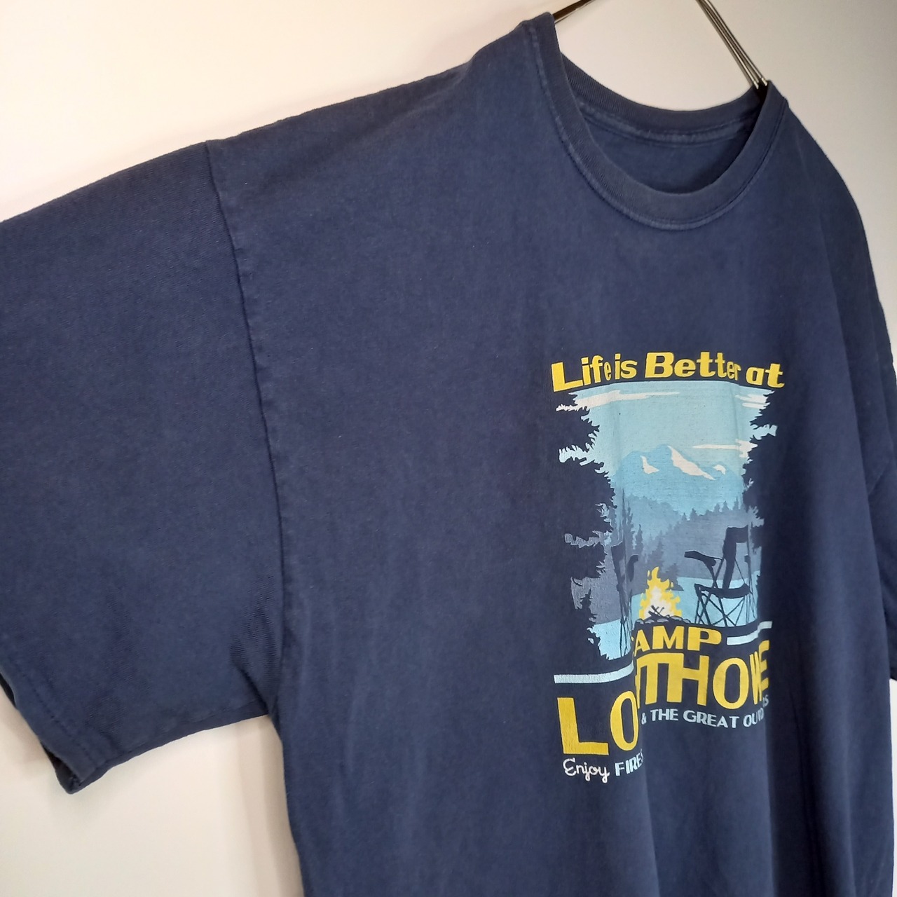 クルーネック　プリントTシャツ　アウトドア　半袖　ネイビー　FREE SIZE