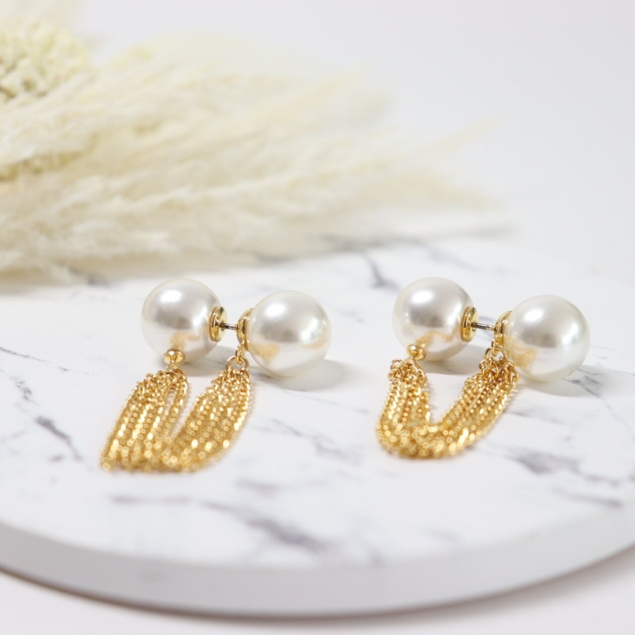 人気NO1 ダブルパールチェーンピアス 韓国人気デザイン 両耳 GOLD パール 3.5センチ ブランド パーティーピアス 結婚式ピアス プレゼントピアス 人と被らないピアス bittersweet