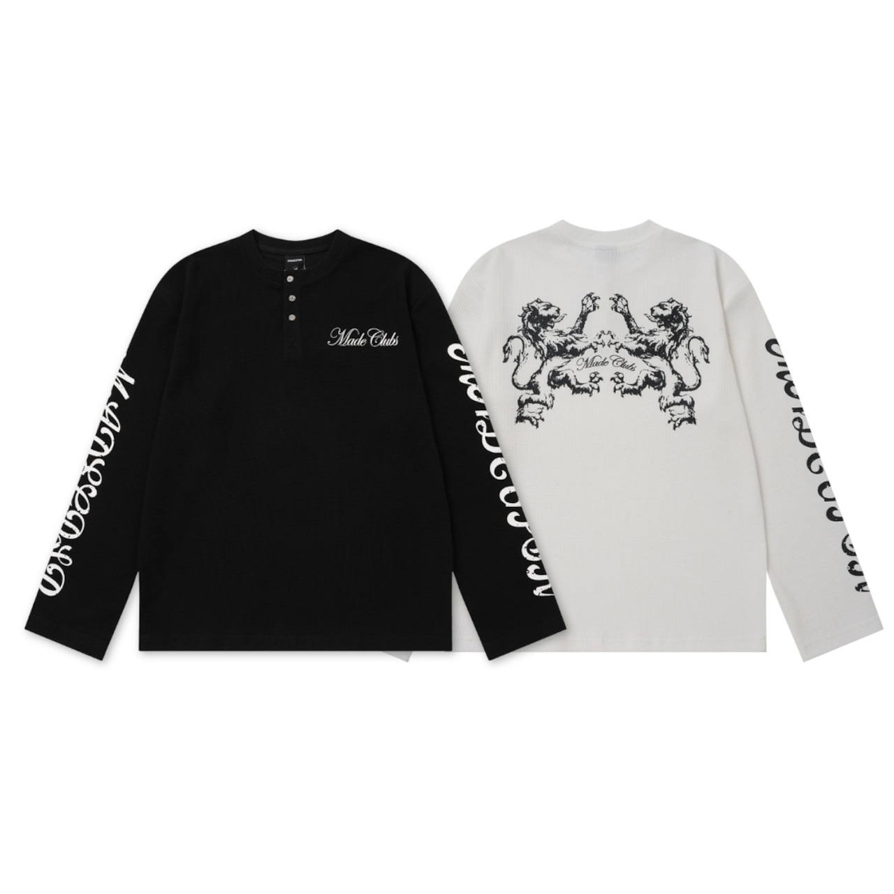 VINTAGE ストリート ダブルライオン ヘンリーネック ワッフルロングTシャツ T2292