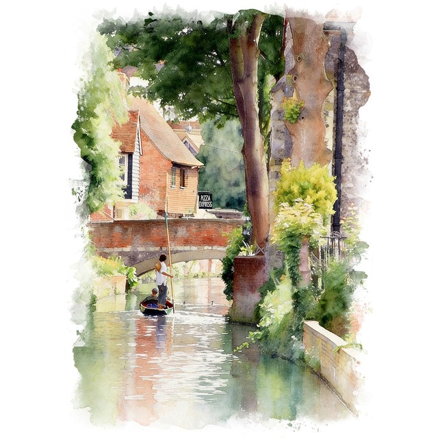 絵画 イギリス 風景画(街並み)  カンタベリー ストゥール川 インテリアアート額付き 水彩画・油絵調 WAT0436