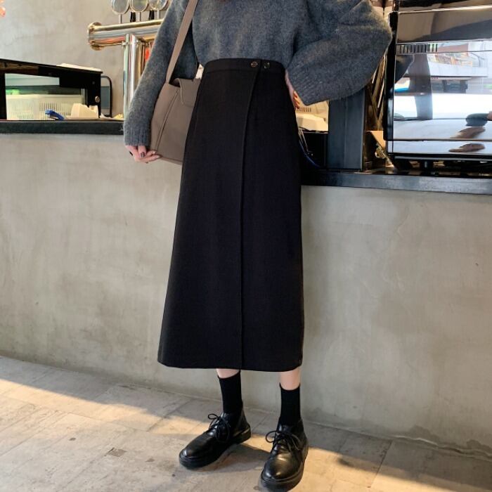 ブラックスカート スプリングオータムハイウェストAライン薄手 春物 秋物 1号婦人99357355097