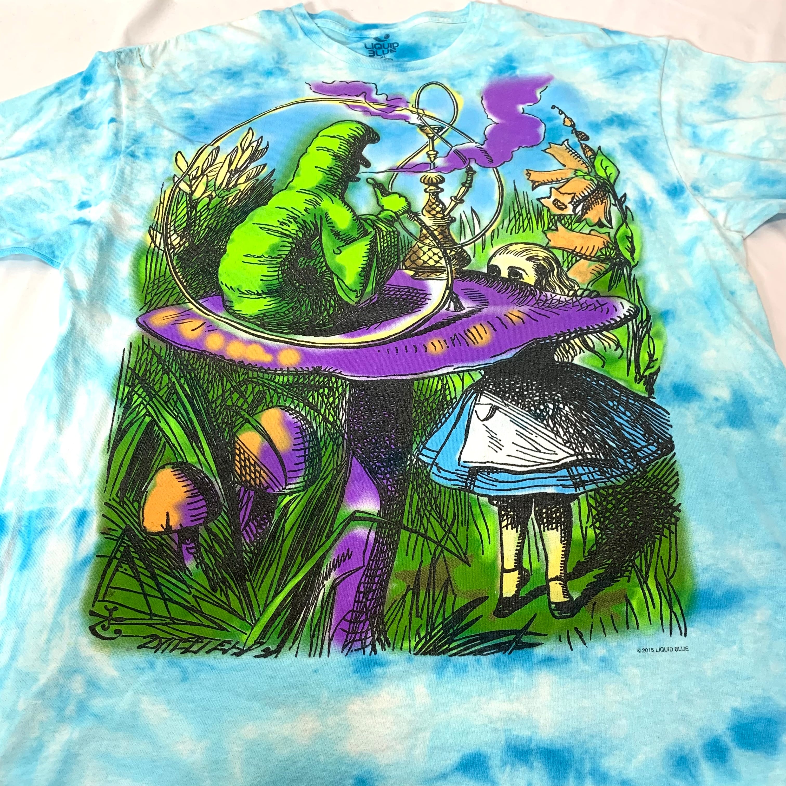 vintage old print Tie dye T-shirt Alice In Wonderland LIQUID BLUE