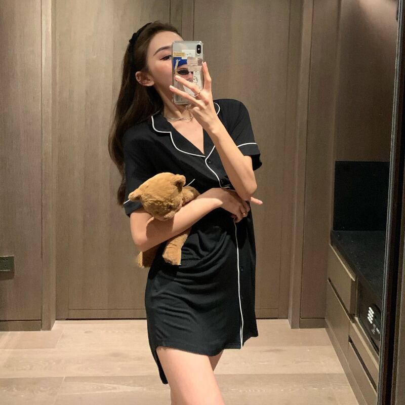 モーダル半袖ネグリジェショートスカートルーズホームサービス女性夏アイスシルク薄い2020新しいパジャマスーツ ブラックストロベリース86701628625