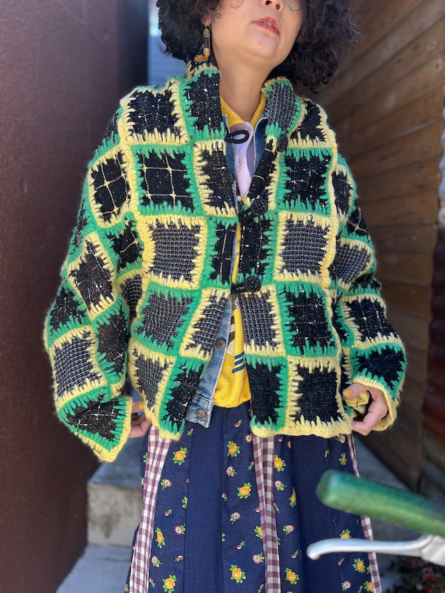 Vintage wool × knit patchwork poncho cardigan ( ヴィンテージ  ウール × ニット パッチワーク ポンチョ カーディガン )
