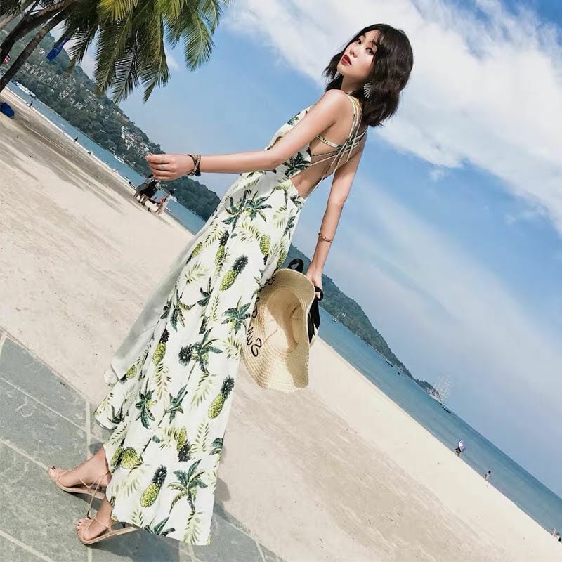 パイナップル柄 クロスストラップ Vネックマキシワンピース リゾート