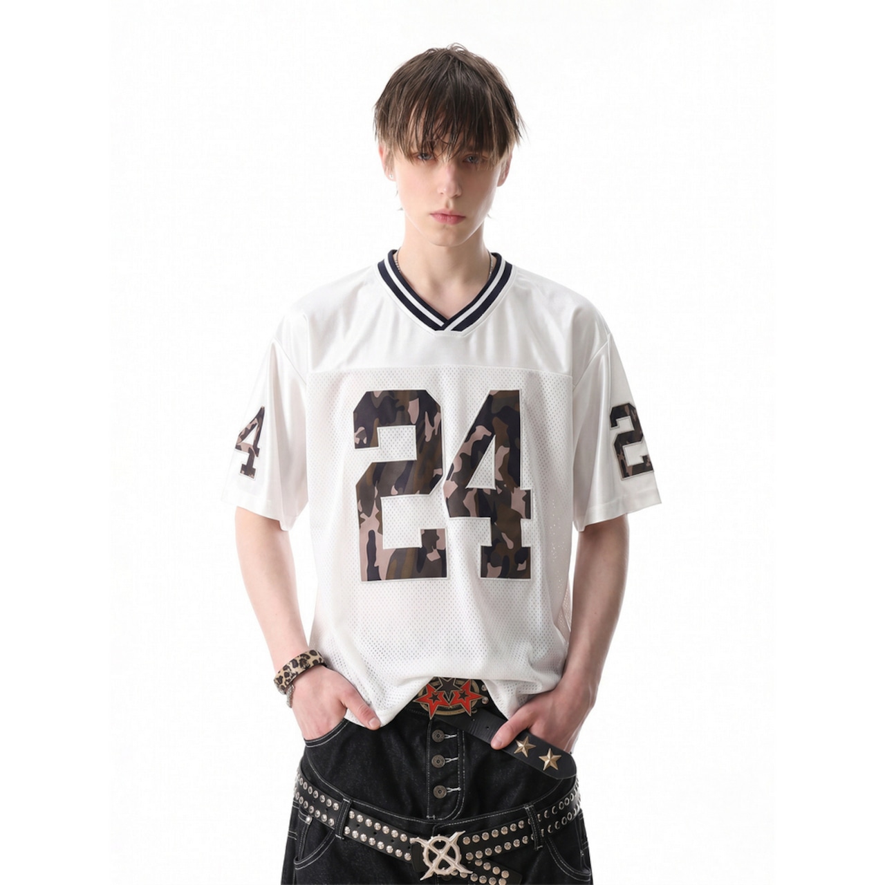 VINTAGE ストリート カモフラージュ24Vネック スポーツTシャツ T2173