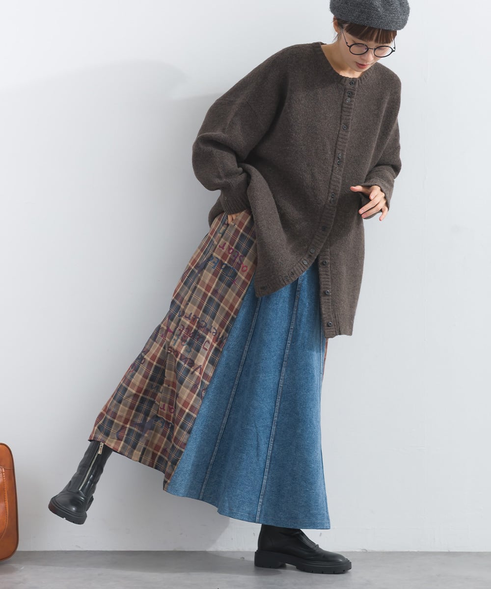 D54044 【体型カバーデニムシリーズ】 デニム×チェック切替スカート
