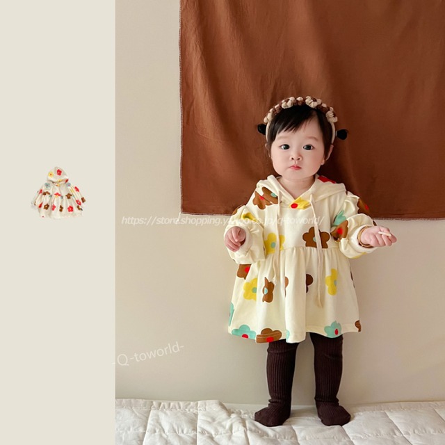 【70㎝-100㎝】ワンピース　フード　花柄　長袖　キュート　オシャレ　韓国版　可愛い　韓国子供服　ベビー　子供服