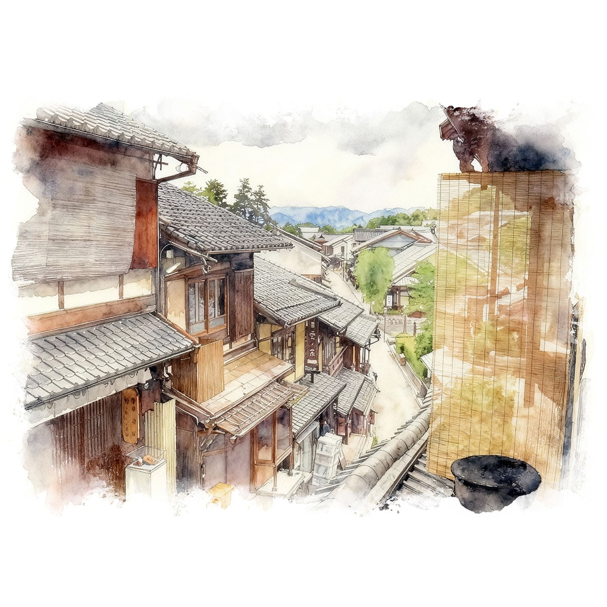 絵画 風景画(街並み) 日本 京都府 産寧坂(三年坂) インテリアアート額付き 水彩画・油絵風 WAT1540